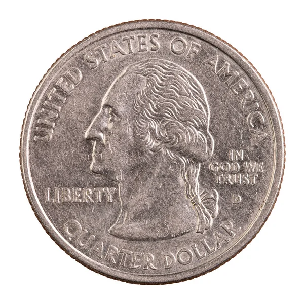 四半期ドル硬貨 アメリカ合衆国の貨幣 アメリカ合衆国第1代大統領 アメリカの現金だ 金融市場 米国銀行 金属銀円玉 高品質のマクロ写真 隔離された白い背景 — ストック写真