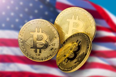 Amerikan bayrağında Bitcoin. Bitcoin BTC Kripto Para Birimi. Borsa Konsepti. BTC 'den USD' ye. Gerçek kripto metal altın para. Amerika Birleşik Devletleri. Reklam panosu için yüksek kaliteli makro fotoğraf.