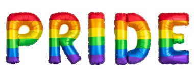 Gurur. Gökkuşağı Helyum balonu. Gökkuşağı bayrak sembolü eşcinseller ve lezbiyenler LGBT, LGBTQ. Gökkuşağı renkleri. P R D E harfleri parti için iyi, tebrik kartı. Yüksek çözünürlüklü. Beyaz arkaplanda izole.