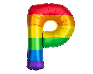 Gökkuşağı Helyum balonu. P harfi Gökkuşağı sembolü eşcinseller ve lezbiyenler LGBT, LGBTQ Pride. Gökkuşağı renkleri. Parti için iyi, tebrik kartı. Yüksek çözünürlüklü. Beyaz arkaplanda izole.