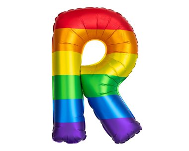 Gökkuşağı Helyum balonu. R harfi gökkuşağı sembolü eşcinseller ve lezbiyenler LGBT, LGBTQ Pride. Gökkuşağı renkleri. Parti için iyi, tebrik kartı. Yüksek çözünürlüklü. Beyaz arkaplanda izole.