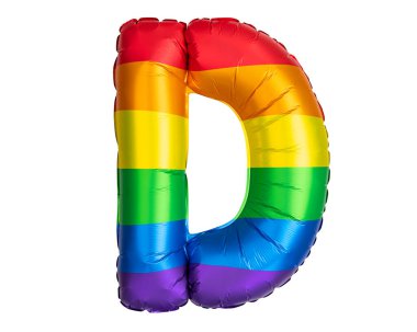 Gökkuşağı Helyum balonu. D harfi gökkuşağı sembolü eşcinseller ve lezbiyenler LGBT, LGBTQ Pride. Alfabe. Gökkuşağı renkleri. Parti için iyi, tebrik kartı. Yüksek çözünürlüklü. Beyaz arkaplanda izole.