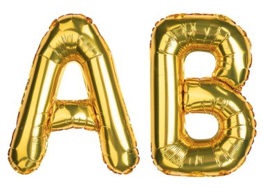 İngiliz Alfabe Harfleri. A B harfi. Sarı folyo helyum balonu. Parti, doğum günü, tebrik kartı, etkinlikler, reklamlar için iyi. Yüksek çözünürlüklü. Beyaz arkaplanda izole.