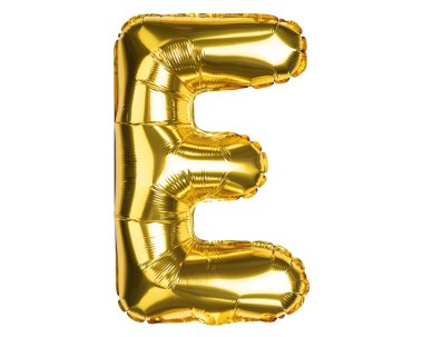 İngiliz Alfabe Harfleri. E. harfli balon. Sarı altın folyo helyum balonu. Parti, doğum günü, tebrik kartı, etkinlikler, reklamlar için iyi. Yüksek çözünürlüklü. Beyaz arkaplanda izole.