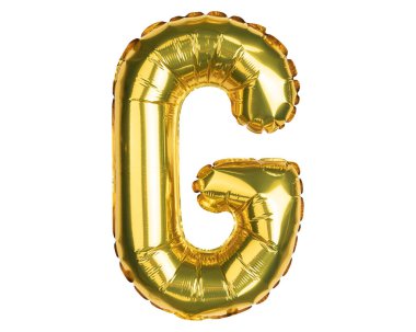 İngiliz Alfabe Harfleri. G harfi balon. Sarı altın folyo helyum balonu. Parti, doğum günü, tebrik kartı, etkinlikler, reklamlar için iyi. Yüksek çözünürlüklü. Beyaz arkaplanda izole.