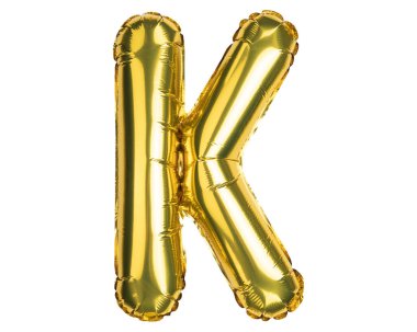 İngiliz Alfabe Harfleri. K harfi balon. Sarı altın folyo helyum balonu. Parti, doğum günü, tebrik kartı, etkinlikler, reklamlar için iyi. Yüksek çözünürlüklü. Beyaz arkaplanda izole.