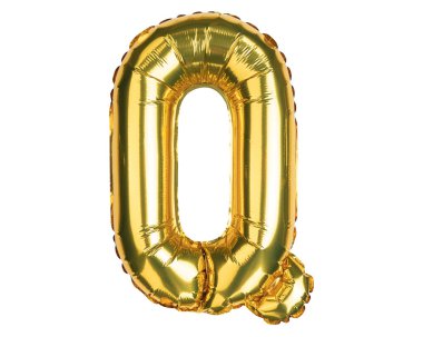 İngiliz Alfabe Harfleri. Q harfi. Balon. Sarı altın folyo helyum balonu. Parti, doğum günü, tebrik kartı, etkinlikler, reklamlar için iyi. Yüksek çözünürlüklü. Beyaz arkaplanda izole.