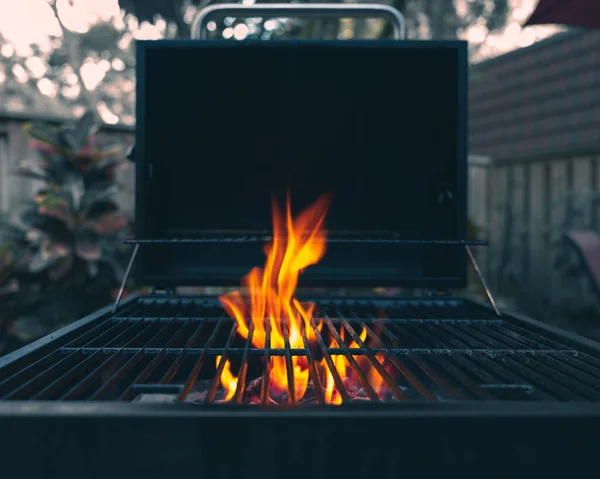 Grill. Flame in a grill. Cook on Backyard. Picnic area with fireplace for barbecue. Professional grill. Fire slow burning. Charcoals grill burning. Photo in dark moody tones.