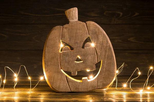 Halloween Happy Halloween Wooden Carved Pumpkin Jack Lantern Smile Face —  Fotos de Stock