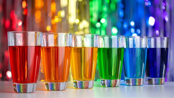 Rainbow Drink Glass Alcohol Liquor Bar Counter Rainbow Colors Colored — 图库照片