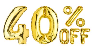 40 Forty Percent % Off balloons. Sale, Clearance, discount. Yellow Gold foil helium balloon. Word good for store, shop, shopping mall. English Alphabet Letters. Isolated white background.