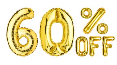 60 Sixty Percent % Off balloons. Sale, Clearance, discount. Yellow Gold foil helium balloon. Word good for store, shop, shopping mall. English Alphabet Letters. Isolated white background.