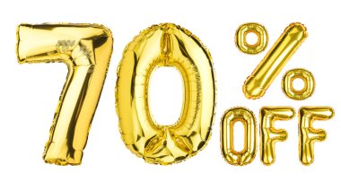 70 Seventy Percent % Off balloons. Sale, Clearance, discount. Yellow Gold foil helium balloon. Word good for store, shop, shopping mall. English Alphabet Letters. Isolated white background.