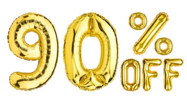 90 Ninety Percent % Off balloons. Sale, Clearance, discount. Yellow Gold foil helium balloon. Word good for store, shop, shopping mall. English Alphabet Letters. Isolated white background.