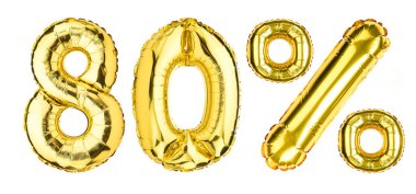 80 Eighty Percent % balloons. Sale, Clearance, discount. Yellow Gold foil helium balloon. Word good for store, shop, shopping mall. English Alphabet Letters. Isolated white background.