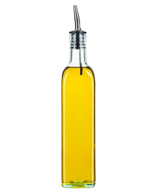 Olive oil. Glass bottle with stainless steel pourer spout dispenser. Olive oil good for cooking salad. Glass container, jar for liquid oil. High quality and resolution photo. Isolated white background