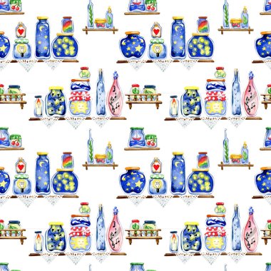 Suluboya kusursuz desen. Farklı dolguları olan şirin farklı cam kavanozlar, hayaller, çiçekler ve ışıklar, raflarda duran, beyaz arka planda izole edilmiş.