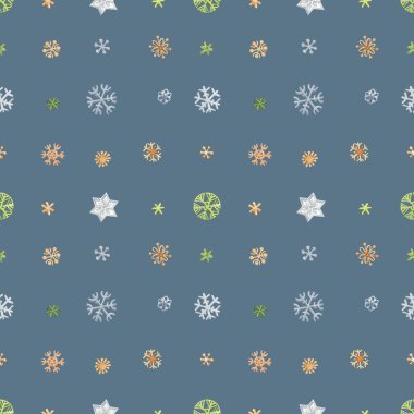 Kusursuz bir Noel deseni. Gri-mavi arka planda izole edilmiş suluboya kar taneleri.