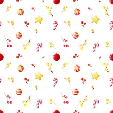 Suluboya kusursuz desen. Noel topları, böğürtlenler ve diğer elementler, beyaz arka planda izole edilmiş. 