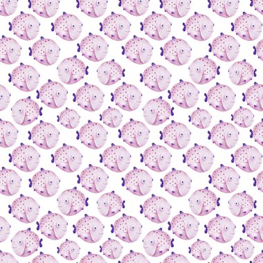 Suluboya balıklar kusursuz desen oluşturur. Beyaz arka planda şirin pembe karikatür balıkları.. 