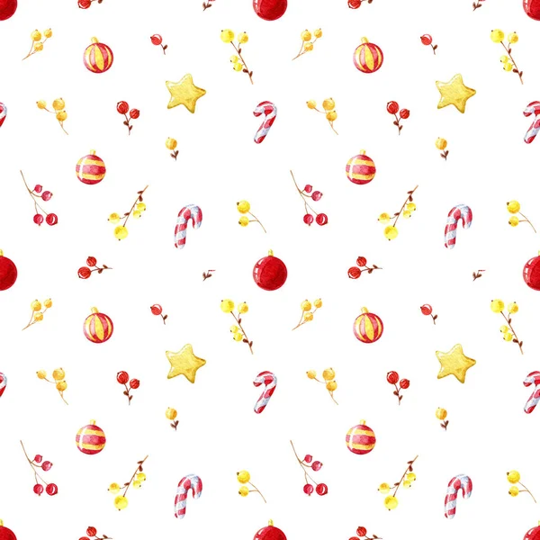 Aquarel Naadloos Patroon Kerstballen Bessen Andere Elementen Geïsoleerd Een Witte — Stockfoto