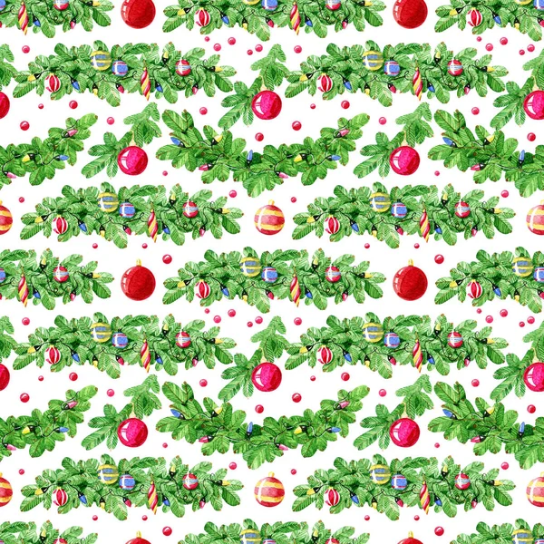 Aquarell Nahtloses Muster Weihnachtsgirlanden Mit Lichtern Und Kugeln Isoliert Auf — Stockfoto