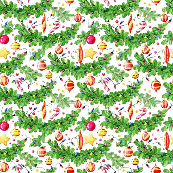 Patrón Sin Costura Acuarela Guirnalda Navidad Con Luces Bolas Aisladas Imagen de archivo