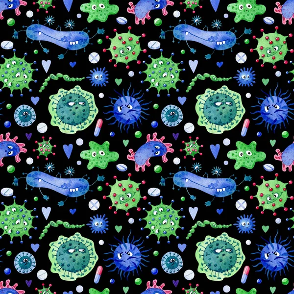 Watercolor Seamless Pattern Blue Green Cartoon Funny Viruses Bacteria Different — 图库照片