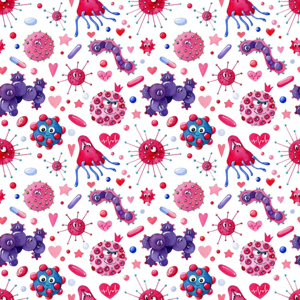 Watercolor Seamless Pattern Pink Purple Cartoon Funny Viruses Bacteria Different — стоковое фото