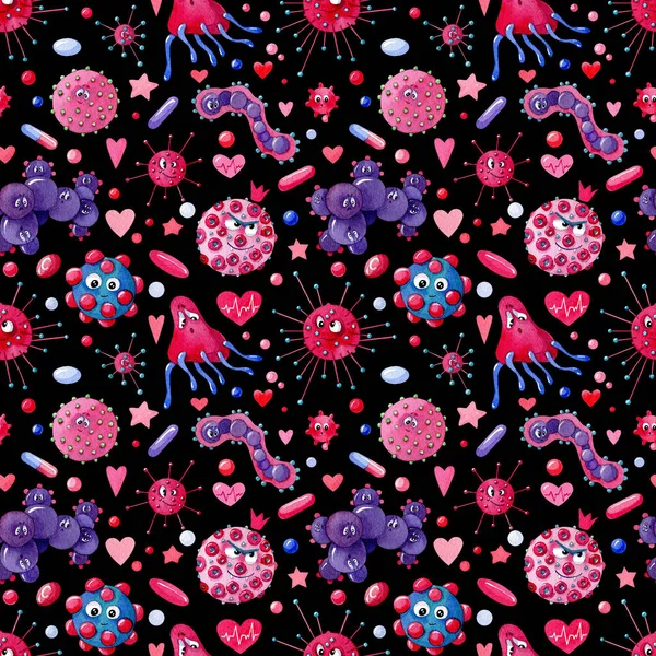 Bezešvé Akvarely Růžové Fialové Kreslené Vtipné Viry Bakterie Různými Znaky Royalty Free Stock Fotografie