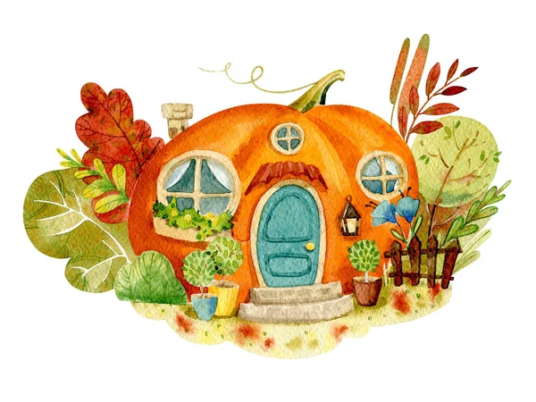 Ilustración Acuarela Ccute Casa Calabaza Rodeada Flores Hojas Plantas Imágenes de stock libres de derechos