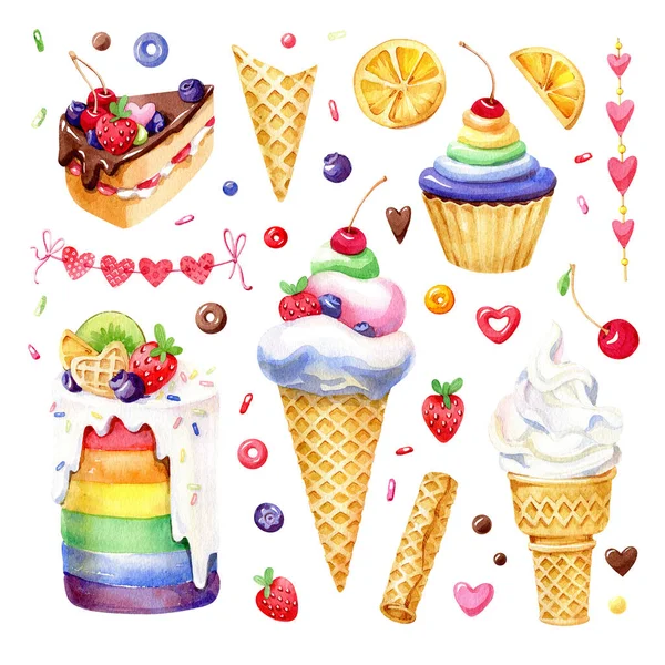 Набір Акварельних Веселкових Десертів Морозиво Торт Пиріг Кекс Вафельна Чашка Стокове Фото
