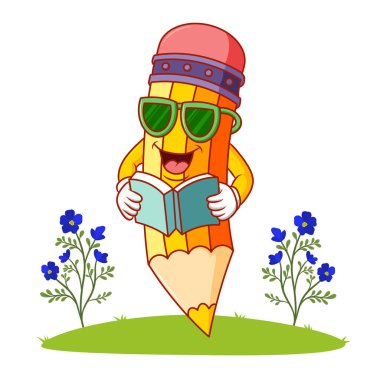 Güneş gözlüklü havalı kalem çizim kitabını okuyor.