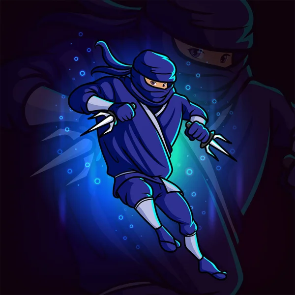 Ninja Con Disegno Della Mascotte Esport Tridente Illustrazione — Vettoriale Stock