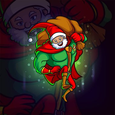 Süper Noel Baba, illüstrasyonun hediye esport logo tasarımını teslim ediyor.