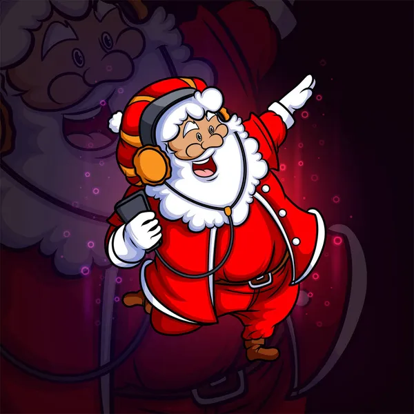 Papai Noel Está Ouvindo Música Esport Logotipo Design Ilustração —  Vetores de Stock