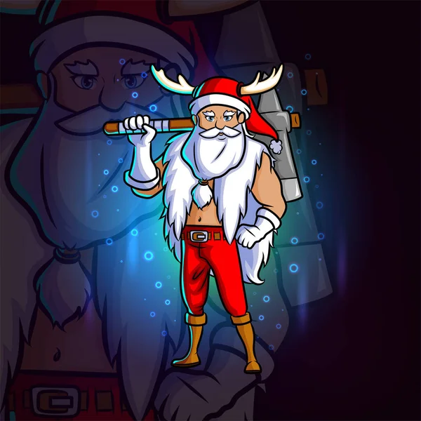 Santa Con Diseño Mascota Del Esport Del Hacha Grande Ilustración — Vector de stock