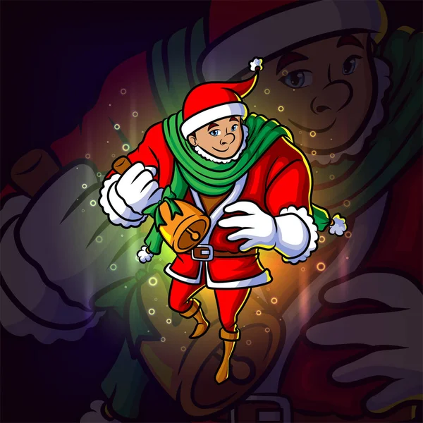 Jeune Père Noël Sonne Cloche Noël Esport Logo Conception Illustration — Image vectorielle