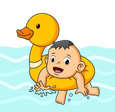 Erkek bebek, ördek lastiğiyle resim havuzunda yüzüyor.
