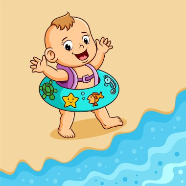 Bebek plajda güzel bir resimle yürüyor.