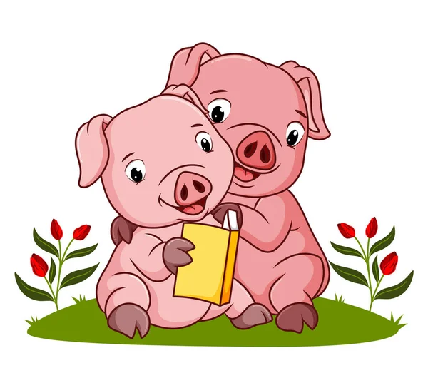 Δύο Γουρούνια Διαβάζουν Ένα Εικονογραφημένο Βιβλίο — Διανυσματικό Αρχείο