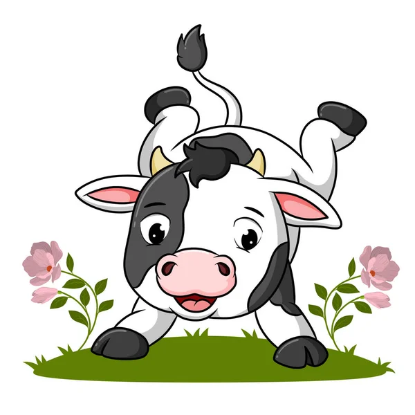 Cute Cow Doing Handstand Garden Illustration — Stock Vector