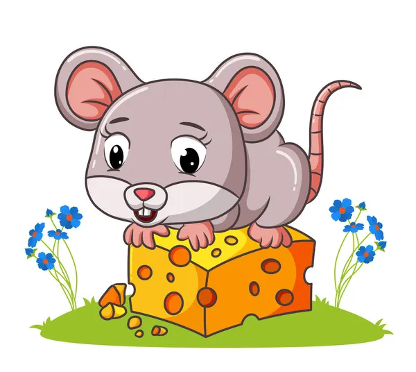 Ratón Lindo Está Sentado Comiendo Queso Ilustración — Vector de stock