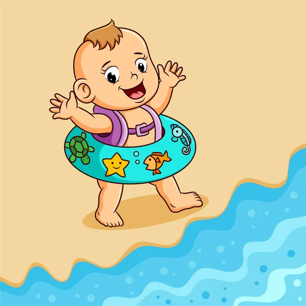 Bebê Está Andando Praia Com Pneu Bonito Ilustração — Vetor de Stock