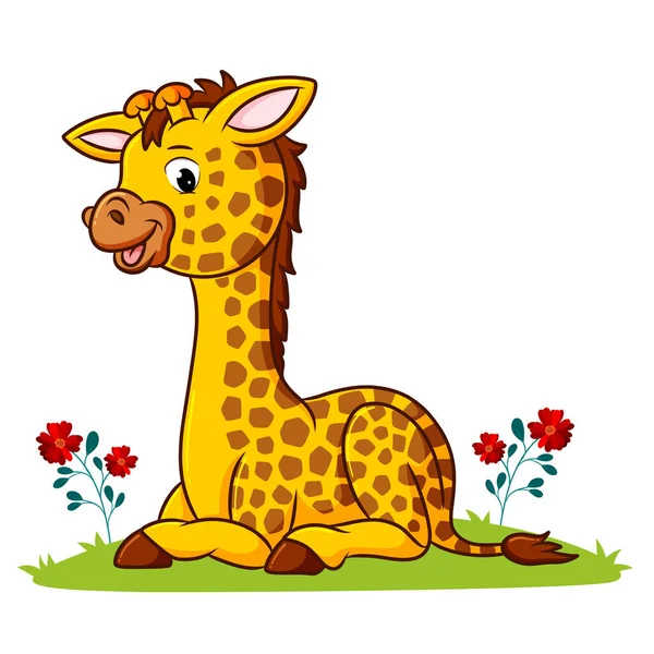 Girafa Está Sentada Parque Cheia Flores Ilustração — Vetor de Stock