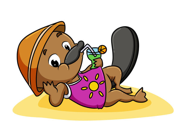 The platypus is sunbathing and drinking the lemon juice of illustration