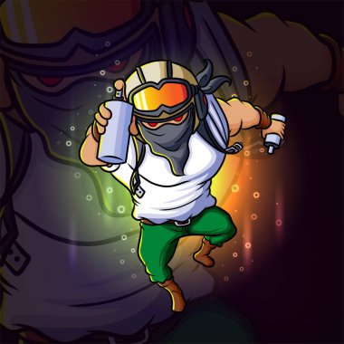 Boya spreyi esport maskot tasarımlı graffiti karakteri.