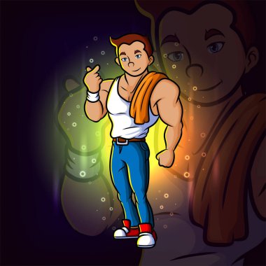 Genç atletik adam aşk işareti Esport maskot tasarımını çiziyor.