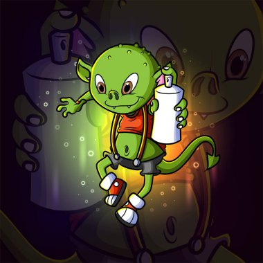 Goblin grafiti sanatçısı resimlerin boya spreyi esport maskot tasarımını elinde tutuyor.