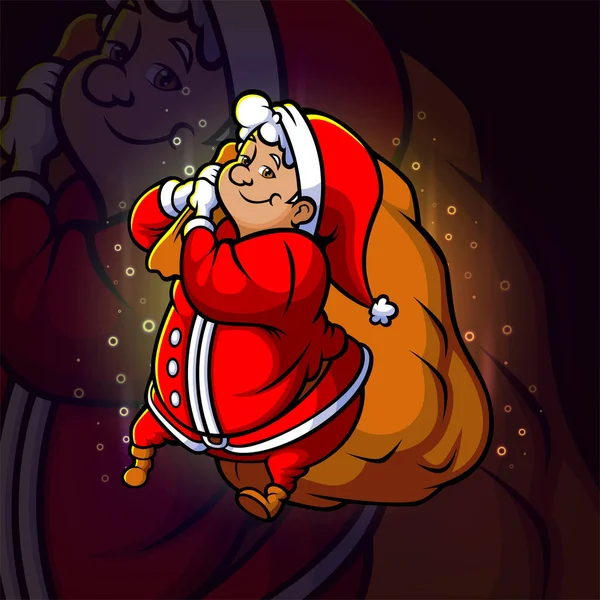 Kerstman Heeft Een Grote Zak Cadeau Esport Mascotte Ontwerp Van — Stockvector